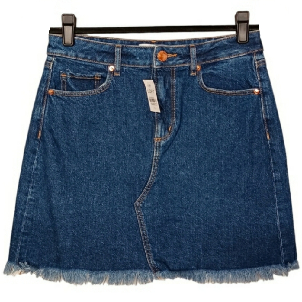 LOFT (ANN TAYLOR) Dark Medium Blue Wash Raw Hem Denim Jean Skirt 2 X-Small NWT